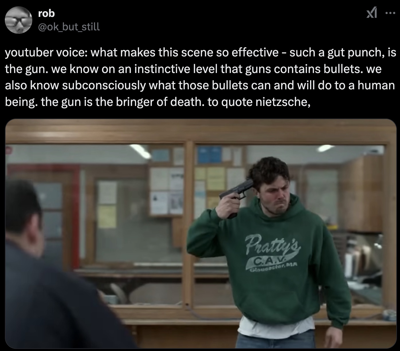 casey affleck manchester by the sea gun - rob youtuber voice what makes this scene so effective such a gut punch, is the gun. we know on an instinctive level that guns contains bullets. we also know subconsciously what those bullets can and will do to a h